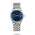 Longines Flagship, luxury men's wristwatch with stainless steel case and bracelet, blue dial with silver-tone hands and index hour markers, date display at 3 o'clock, automatic movement.
