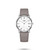 Longines The Longines Elegant Collection, wristwatch with silver case, white dial, Roman numeral markers, a date window, and a grey leather strap.