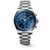 Longines Conquest Automatic Watch, stainless steel wristwatch with blue dial, chronograph features, and tachymeter scale on bezel.