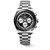 Longines Conquest, luxury men's stainless steel chronograph wristwatch with black dial, three subdials, white and red accents, and tachymeter bezel.