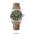 Longines Spirit [L3.810.4.03.2], men's wristwatch with green dial, stainless steel case, beige leather strap, and date display.
