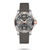 Longines Hydroconquest watch, men's sports luxury watch with stainless steel case, gray dial, black and rose gold bezel, gray fabric strap, and date display.