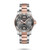 Longines HydroConquest, luxury men's diving watch with a silver and rose gold stainless steel bracelet, grey dial, unidirectional rotating bezel, date display, and automatic movement.