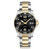 LONGINES HYDROCONQUEST watch, black dial with gold and silver stainless steel bracelet, diving bezel, date window, and automatic movement.