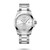Longines Conquest, silver stainless steel men's wristwatch with classic dial, chronograph features, and date display.