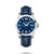 Longines Conquest, wristwatch with blue dial, silver-tone hands and hour markers, date display at 3 o'clock, stainless steel case, and blue leather strap with white stitching.