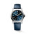 Longines Spirit Automatic Watch, blue dial with luminous hands and markers, stainless steel case, blue leather strap with white stitching.