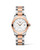 Longines Conquest watch, two-tone stainless steel and rose gold bracelet with a white mother-of-pearl dial, diamond hour markers, date display, and Swiss quartz movement.