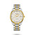 Longines The Longines Master Collection, luxury men's wristwatch with gold and silver stainless steel band, white textured dial, date display, and automatic movement.
