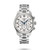 Longines The Longines Master Collection [L2.859.4.78.6], a luxury silver stainless steel wristwatch with a white textured dial, chronograph subdials, blue hands, and a date window, featuring a stainless steel bracelet.