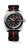 Longines Ultra-chron watch, black dial with silver and red accents, automatic movement, and a fabric strap with red stripe.
