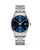 Longines Record, luxury men's watch with a blue dial, silver stainless steel bracelet, date display at 3 o'clock, and automatic chronometer movement.