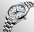 Longines Master Collection watch, silver stainless steel bracelet and case with white textured dial, moon phase display, automatic movement, and blue hands.