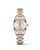 Longines Conquest Classic, elegant luxury wristwatch with a two-tone silver and rose gold bracelet and a round silver dial showing date and time.