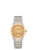 Omega Constellation co-axial Master Chronometer 29 mm watch, two-tone design with a gold bezel and stainless steel bracelet, champagne dial with diamond hour markers, date display at 6 o'clock, luxurious and elegant timepiece.