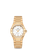 OMEGA Constellation co-axial Master Chronometer 29 mm watch, gold wristwatch with diamond-studded bezel and white mother-of-pearl dial with gold hands and hour markers.