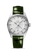 Omega Constellation Globemaster Co-Axial Master Chronometer Annual Calendar 41 mm, watch with silver dial displaying months in a circle, date window at 6 o'clock, green leather strap, and sleek stainless steel case.