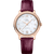 Omega De Ville Prestige Co-Axial Master Chronometer 34 mm, luxury women's wristwatch with a rose gold case, diamond-set bezel, mother-of-pearl dial, and a burgundy leather strap.