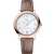 OMEGA De VillePrestige co-axial Master Chronometer 34 mm, Elegant wristwatch with a mother-of-pearl dial, rose gold bezel, and taupe leather strap.