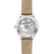 OMEGA De VillePrestige co-axial Master Chronometer 34 mm watch, view of the transparent case back showing the intricate mechanical movement with engraved text and purple jewel accents, beige leather strap.