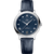 OMEGA De VillePrestige co-axial Master Chronometer 34 mm wristwatch, featuring a blue dial with diamond hour markers, a date display at the 6 o'clock position, and a blue leather strap.