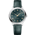 Omega De Ville Prestige Co-Axial Master Chronometer 34mm, product image of a luxury wristwatch with a green leather strap and a blue dial featuring gold accents and diamond hour markers.