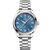 Omega Seamaster Aqua Terra Shades co-axial Master Chronometer 34 mm watch, blue dial with silver hour markers and hands, stainless steel bracelet and case, date display at 6 o'clock.