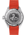 OMEGA Seamaster Planet Ocean 6000M co-axial Master Chronometer 45.5 mm, stainless steel watch back with engraved Sea Horse emblem and specifications, red rubber strap.