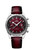 Omega Speedmaster '57 Co-Axial Master Chronometer Chronograph 40.5 mm, close-up of the watch with a burgundy dial, silver bezel, and leather strap.