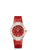 OMEGA Constellation co-axial Master Chronometer 29 mm watch, featuring a red dial with diamond hour markers, a bezel encrusted with diamonds, a red leather strap, and a date display at the 6 o'clock position.