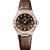 OMEGA Constellation co-axial Master Chronometer 36 mm watch, elegant timepiece featuring a brown dial with diamond hour markers, rose gold bezel set with diamonds, and a brown leather strap.