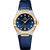 Omega Constellation co-axial Master Chronometer 36 mm watch, blue dial with diamond markers, gold bezel with diamond accents, blue leather strap, and date display at 6 o'clock.