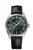 Omega Constellation Globemaster Co-Axial Master Chronometer Annual Calendar 41 mm watch, featuring a green dial with roman numerals for months, a date window at 6 o'clock, and a black leather strap.