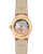 OMEGA Constellation co-axial Master Chronometer 29 mm, watch back showing intricate mechanical movement and gold case with pink leather strap.