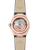 OMEGA Constellation co-axial Master Chronometer 29 mm watch, view of the transparent case back showcasing the intricate mechanical movement, rose gold case, and blue strap.