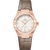 OMEGA Constellation co-axial Master Chronometer 29 mm watch with rose gold case, diamond-studded bezel, white dial, and taupe leather strap.