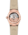 OMEGA Constellation co-axial Master Chronometer 29 mm watch, view of the back showcasing the movement through a transparent case back with rose gold case and beige leather strap.