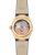 OMEGA Constellation co-axial Master Chronometer 29 mm wristwatch, transparent case back showing automatic movement with pink accents and engraved details, gold case, beige leather strap with OMEGA branding.