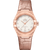 OMEGA Constellation co-axial Master Chronometer 29 mm watch, rose gold case with diamond hour markers and white dial, pink leather strap.