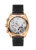 Omega Speedmaster Chronoscope co-axial Master Chronometer Chronograph 43 mm, detailed view of the watch's intricate mechanical movement and gold case with a black leather strap.
