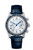 OMEGA Speedmaster Chronoscope co-axial Master Chronometer Chronograph 43 mm, close-up of the detailed and stylish watch with a blue leather strap, silver dial, and multiple chronograph features.