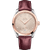 Omega Seamaster Aqua Terra 150M Co-Axial Master Chronometer Small Seconds 38 mm watch with a champagne dial, diamond hour markers, rose gold bezel, and a burgundy leather strap.