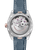 OMEGA Seamaster Aqua Terra 150M co-axial Master Chronometer Small Seconds 41 mm watch, featuring a view of the intricate mechanical movement through the transparent case back with visible gears and jewels, and a blue leather strap.