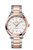 Omega Seamaster Aqua Terra 150M co-axial Master Chronometer 41 mm, close-up of the elegant watch with a silver and rose gold-tone stainless steel bracelet, white textured dial with rose gold-tone indices and hands, date window at 6 o'clock, and a rose gold-tone bezel.