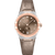 OMEGA Constellation co-axial Master Chronometer Small Seconds 34 mm watch, elegant timepiece with brown dial, diamond hour markers, rose gold bezel, and leather strap.