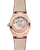 Omega Constellation co-axial Master Chronometer Small Seconds 34 mm watch, showcasing its intricate mechanical movement through the transparent case back with rose gold case and beige leather strap.