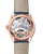 OMEGA De Ville Trésor co-axial Master Chronometer Power Reserve 40 mm watch, showcasing its intricate mechanical movement through a transparent case back, with a beige leather strap and a rose gold case.