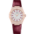 OMEGA Constellation co-axial Master Chronometer 29 mm watch, luxurious rose gold watch with diamond-encrusted dial and bezels, burgundy leather strap.