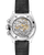 OMEGA Speedmaster Moonwatch Professional co-axial Master Chronometer Chronograph 42 mm, close-up of the watch with a skeleton dial showcasing intricate mechanical movement and gold accents, black leather strap, and stainless steel case.
