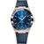 OMEGA Constellation co-axial Master Chronometer 41 mm watch, featuring a blue dial with Roman numeral hour markers, a date display at 6 o'clock, rose gold case, and a blue leather strap.